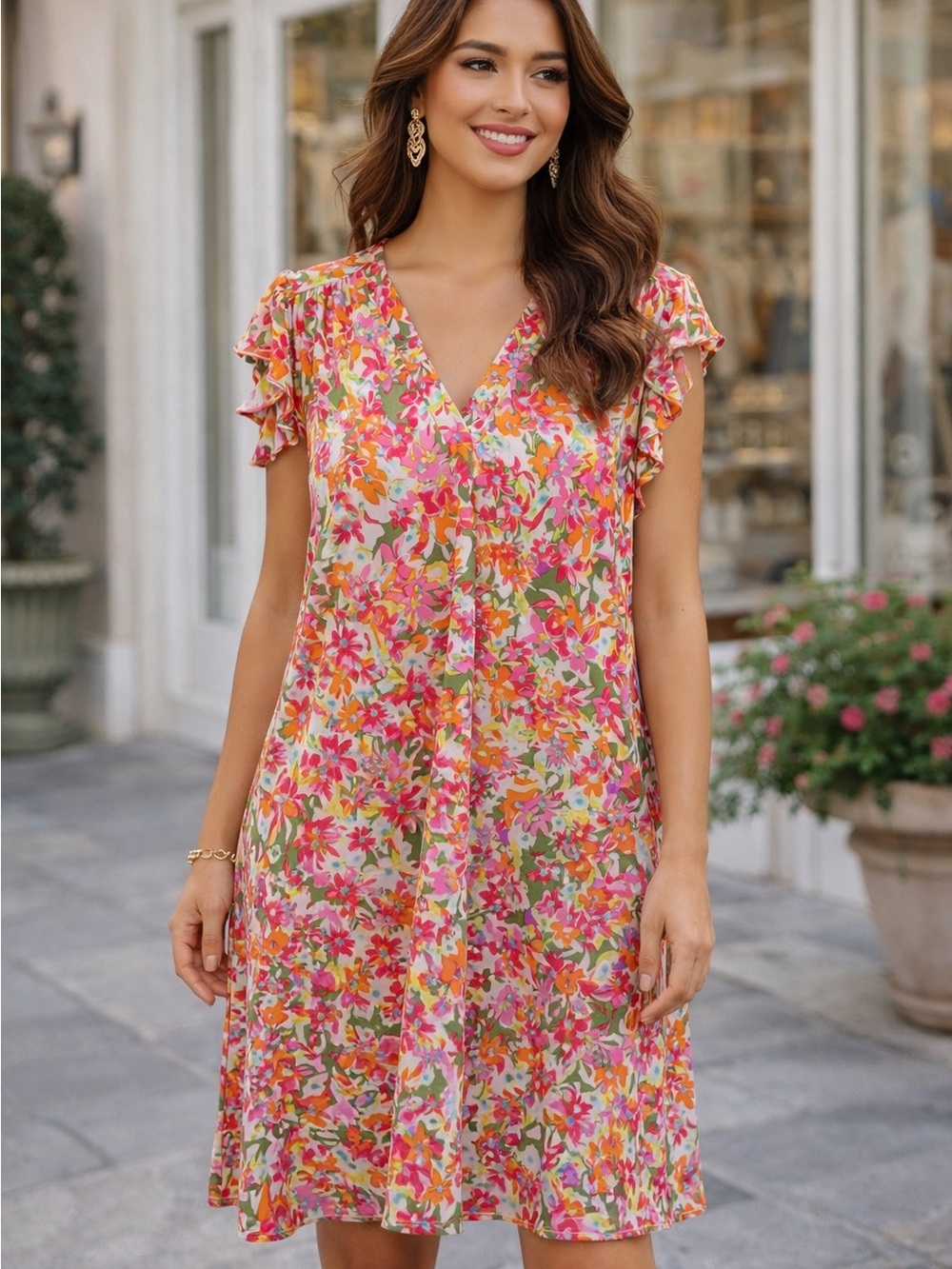 MSK Pink Floral Flutter Sleeve V-Neck Dress PXL